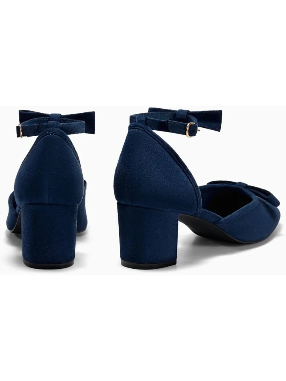 Women's Navy Chunky Low Heels Bow Closed Toe Ankle Strap Elegant Wedding Pumps